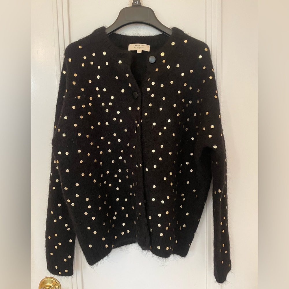Sezane Talitha Black Cardigan with Gold Polka Dots like new